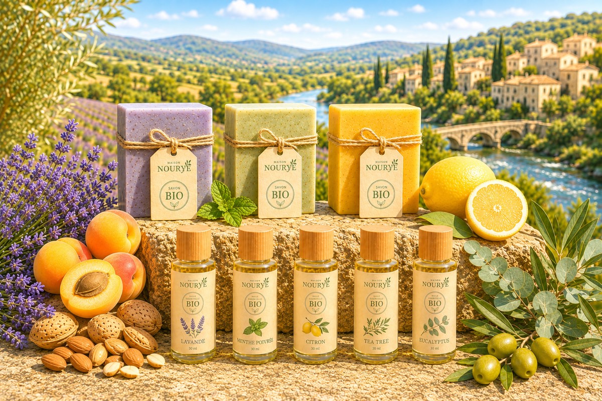 Savons et huiles essentielles bio Maison Nourye devant un paysage de Provence